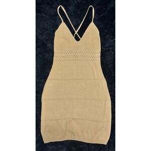 H&M Divided Tan Knit Bodycon Mini Dress Pointelle Crochet V-Neck Womens Large